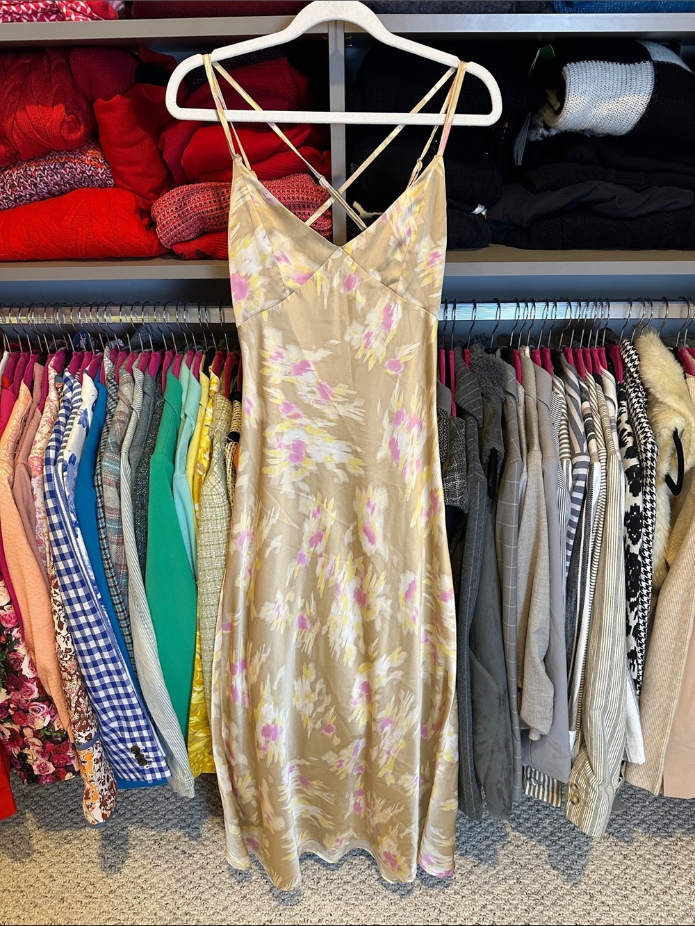 Forever 21 beige/pink floral adjustable strap satiny maxi dress size S